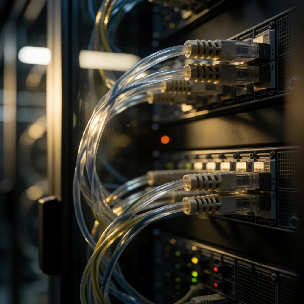 Cables de red y fibra óptica detrás de un panel de cristal