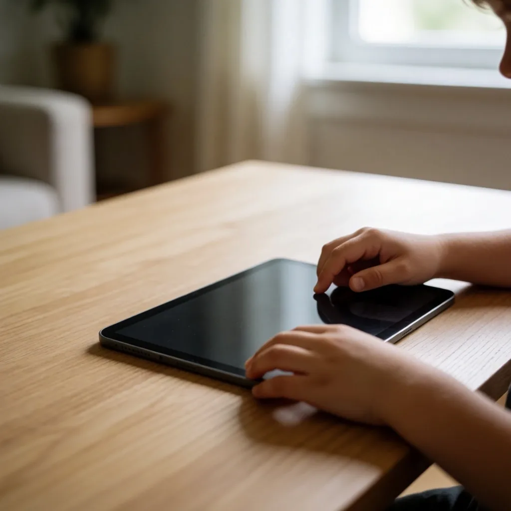 Manos infantiles usando una tablet sobre un escritorio