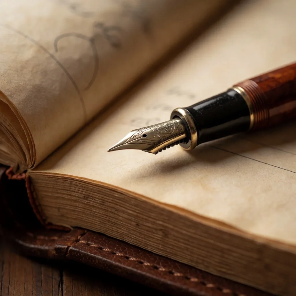 Pluma estilográfica sobre un libro de contabilidad encuadernado en cuero
