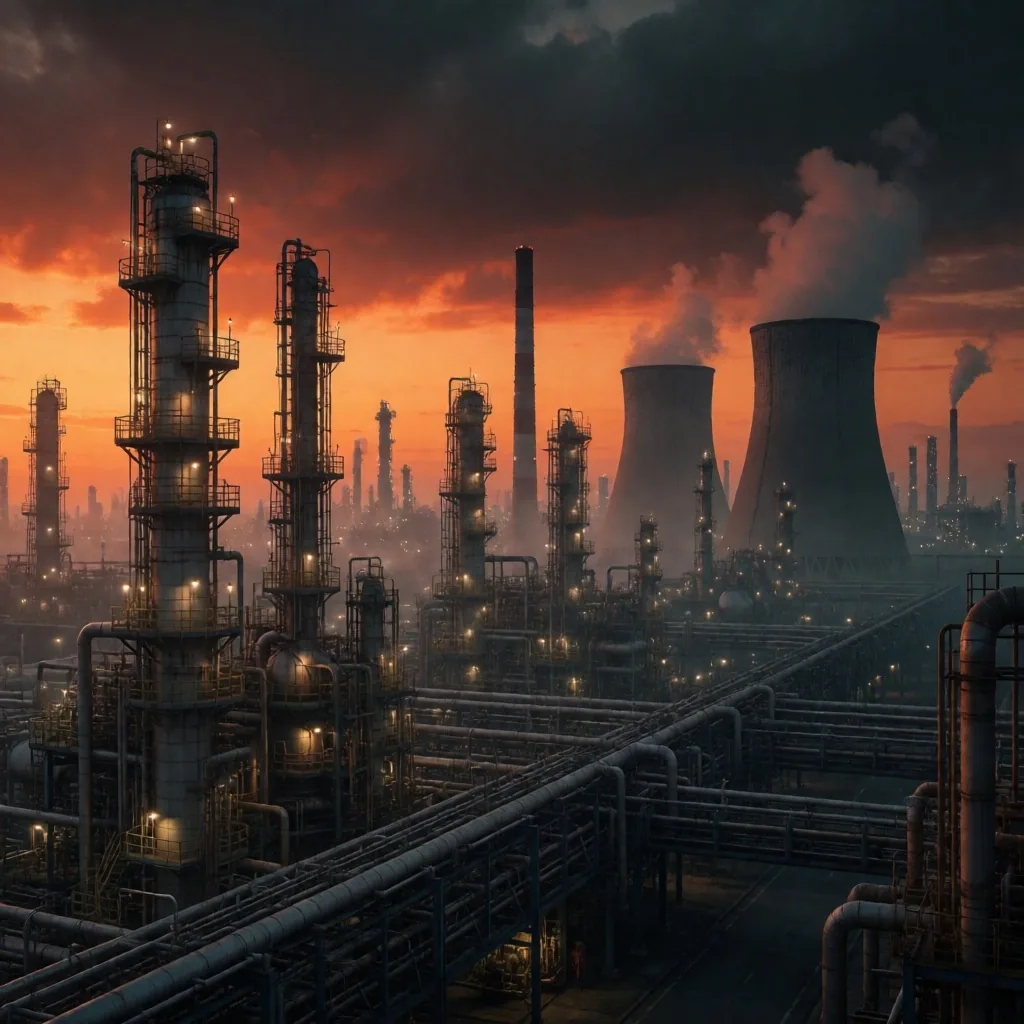 Refinería de petróleo al atardecer