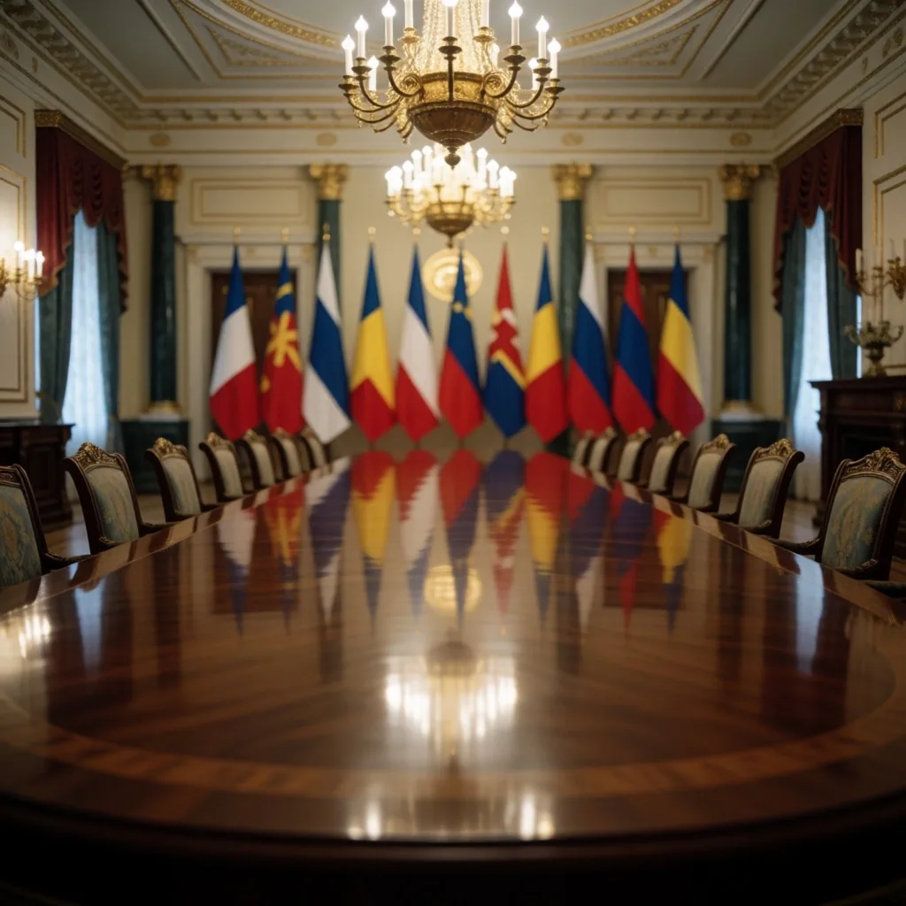 Sala de reuniones diplomáticas con banderas europeas