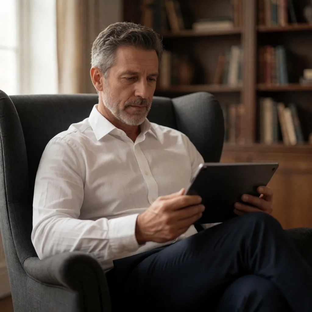 Hombre adulto leyendo en una tablet sentado en un sillón