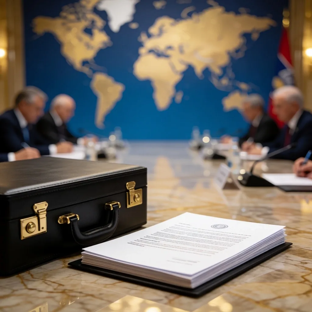 Sala de reunión de una cumbre internacional con banderas de países