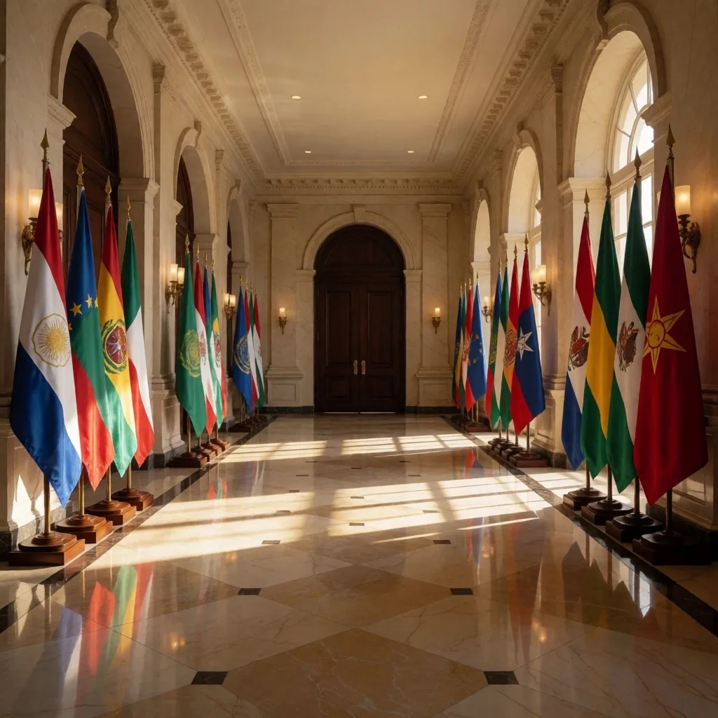 Salón de una embajada con banderas y suelo de mármol