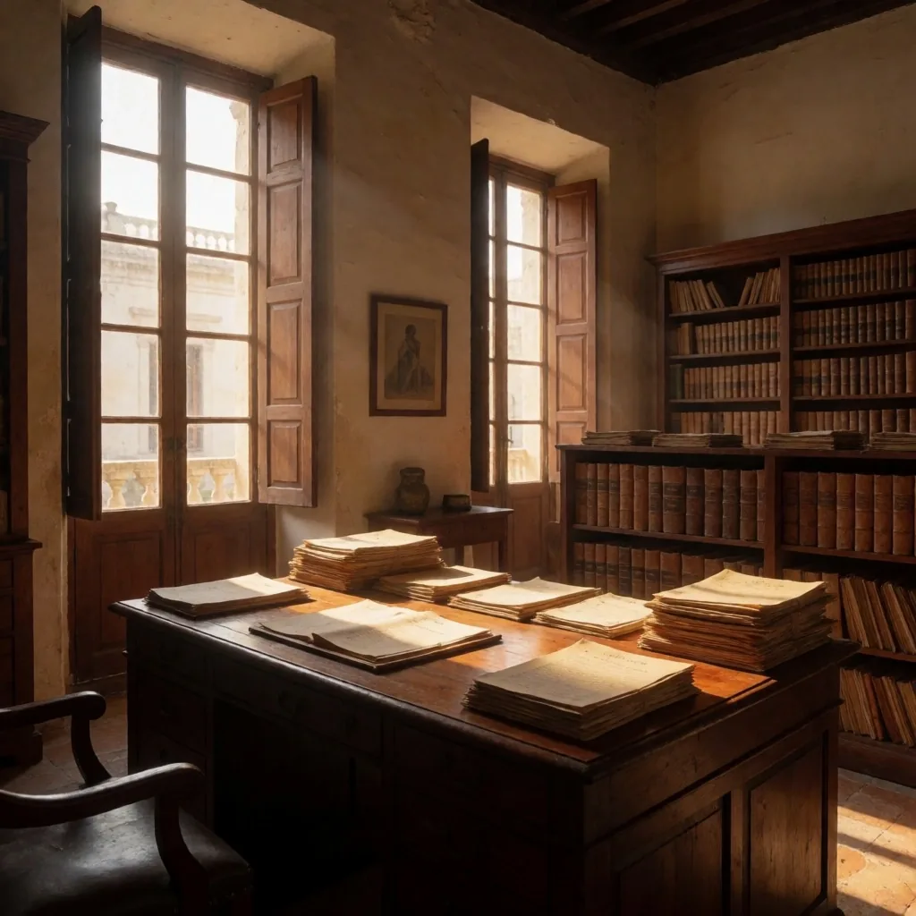 Archivo editorial con escritorio de madera y estantes de publicaciones encuadernadas