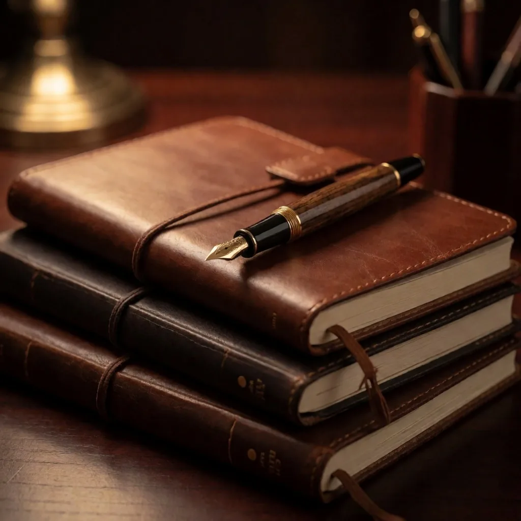 Escritorio editorial con plumas y cuadernos encuadernados en cuero