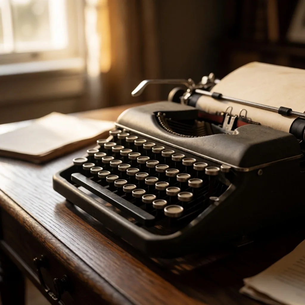 Archivo editorial con máquina de escribir y documentos sobre un escritorio de madera