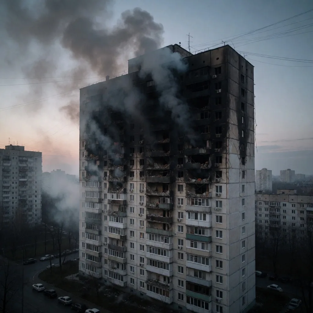 Edificio residencial en Kyiv con daños estructurales tras un ataque