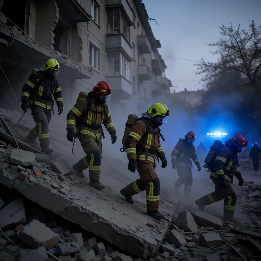 Equipos de emergencia trabajan en el área afectada en Kyiv