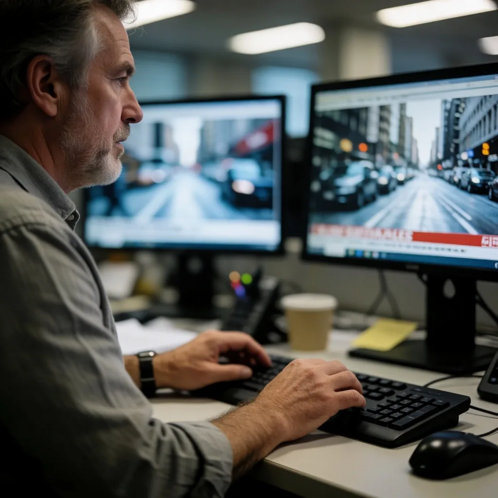 Escritorio de redacción con monitores mostrando agencias de noticias y datos del terreno