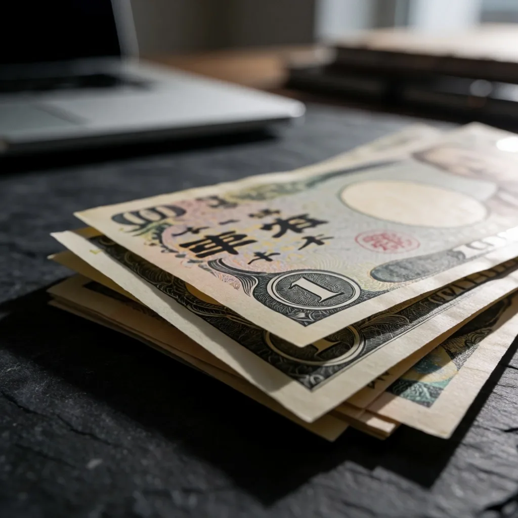 Billetes de yen japonés y dólar estadounidense sobre superficie de piedra