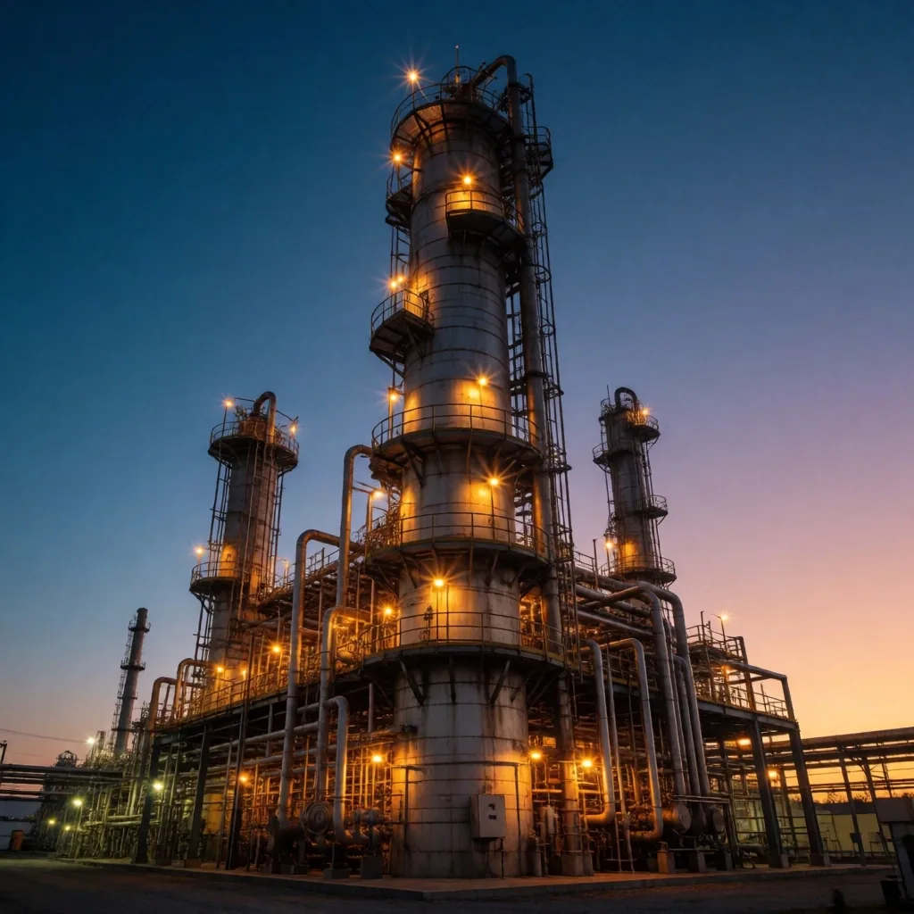 Refinería de petróleo al atardecer