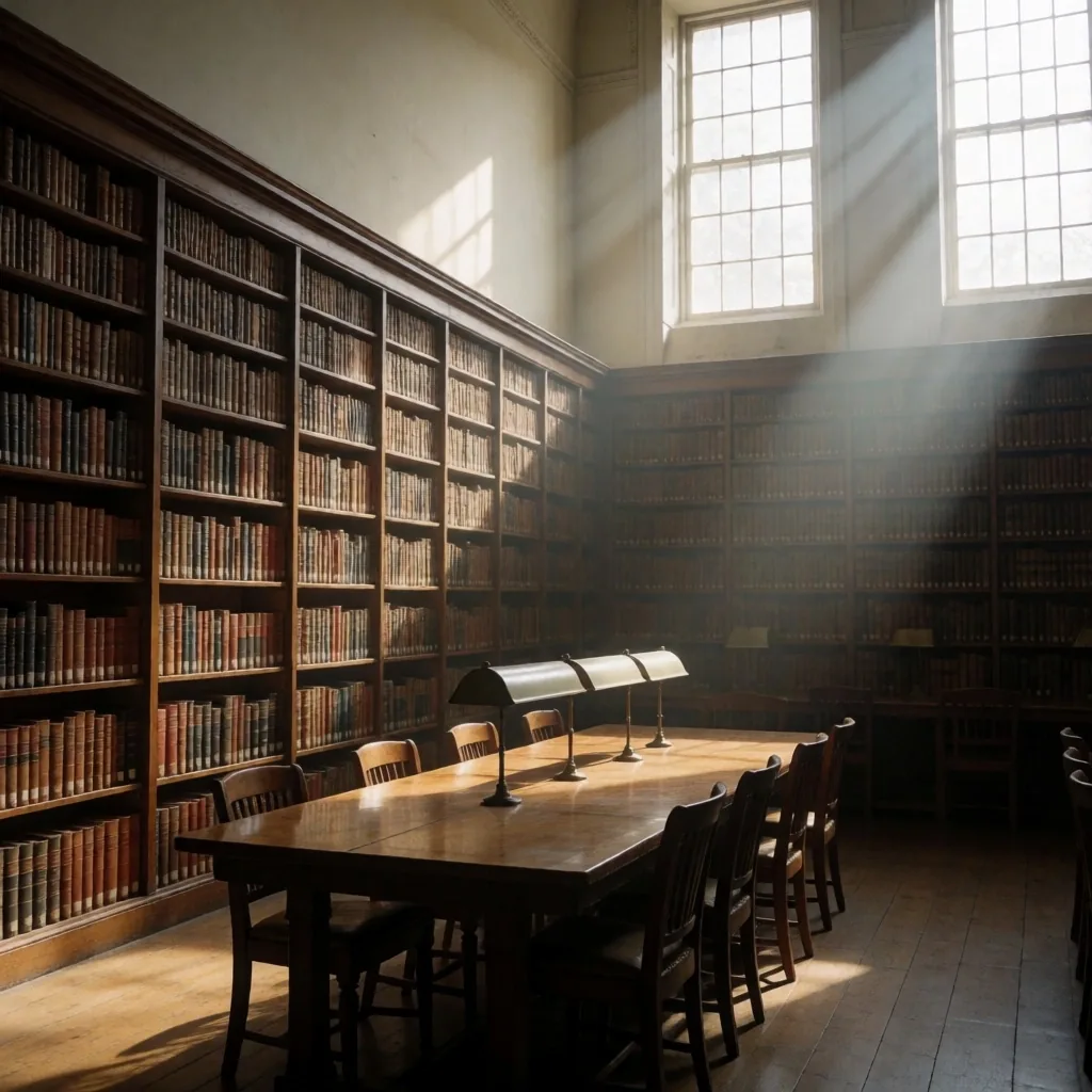 Sala de lectura con estanterías de archivos encuadernados y luz matutina