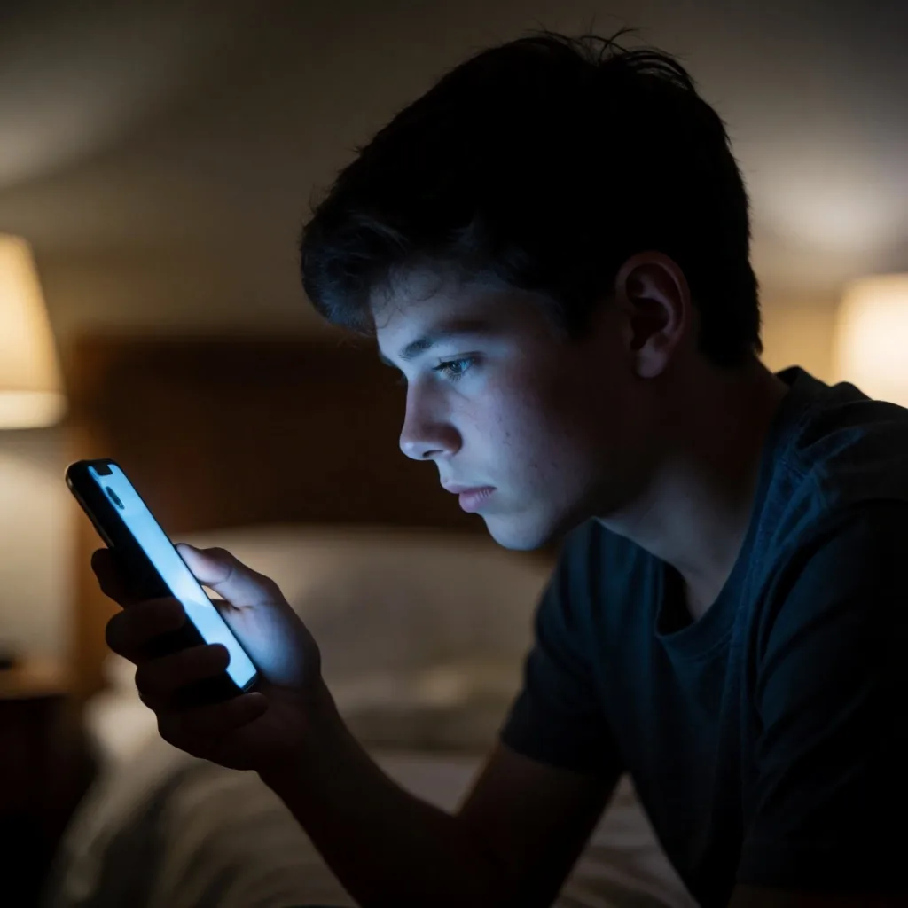 Adolescente usando un teléfono en una habitación con poca luz