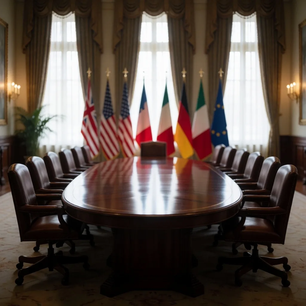 Sala de reuniones diplomáticas con banderas