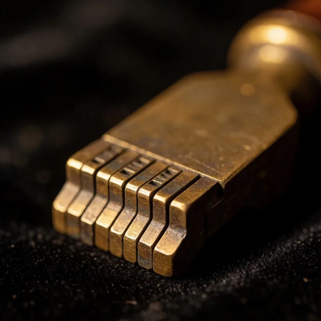 Composing stick de fundición tipográfica sobre fondo oscuro