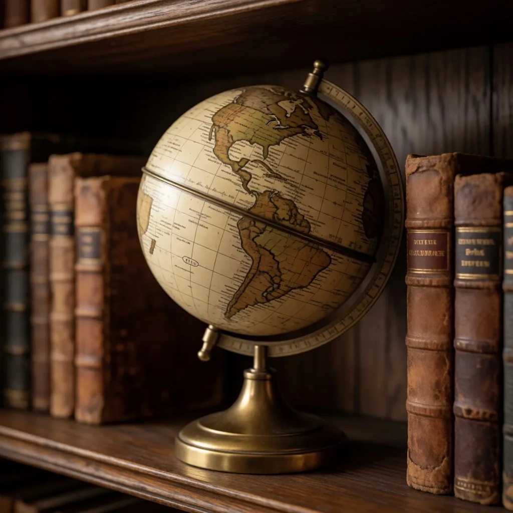 Globo de latón sobre un estante de biblioteca entre libros de cuero