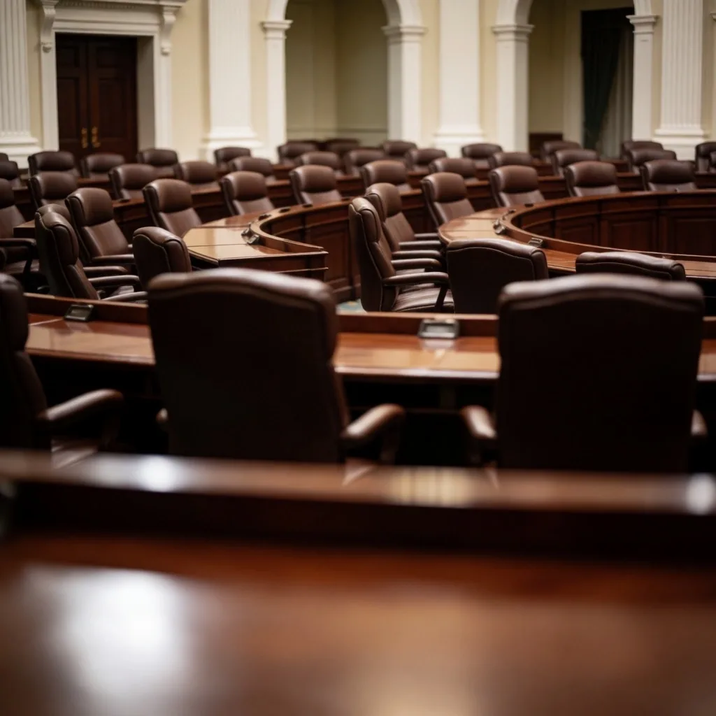 Sala de reunión internacional con sillas en semicírculo