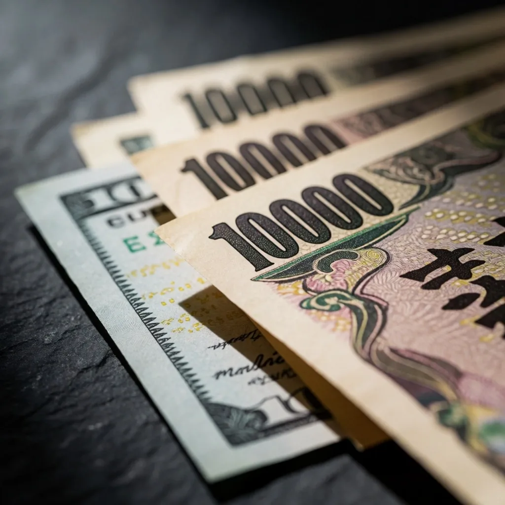 Billetes de yen japonés y dólar estadounidense sobre superficie de piedra