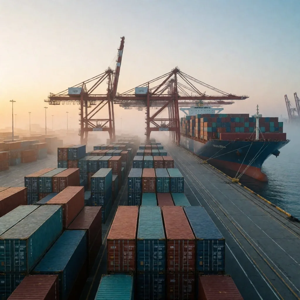 Puerto japonés al amanecer con contenedores de carga