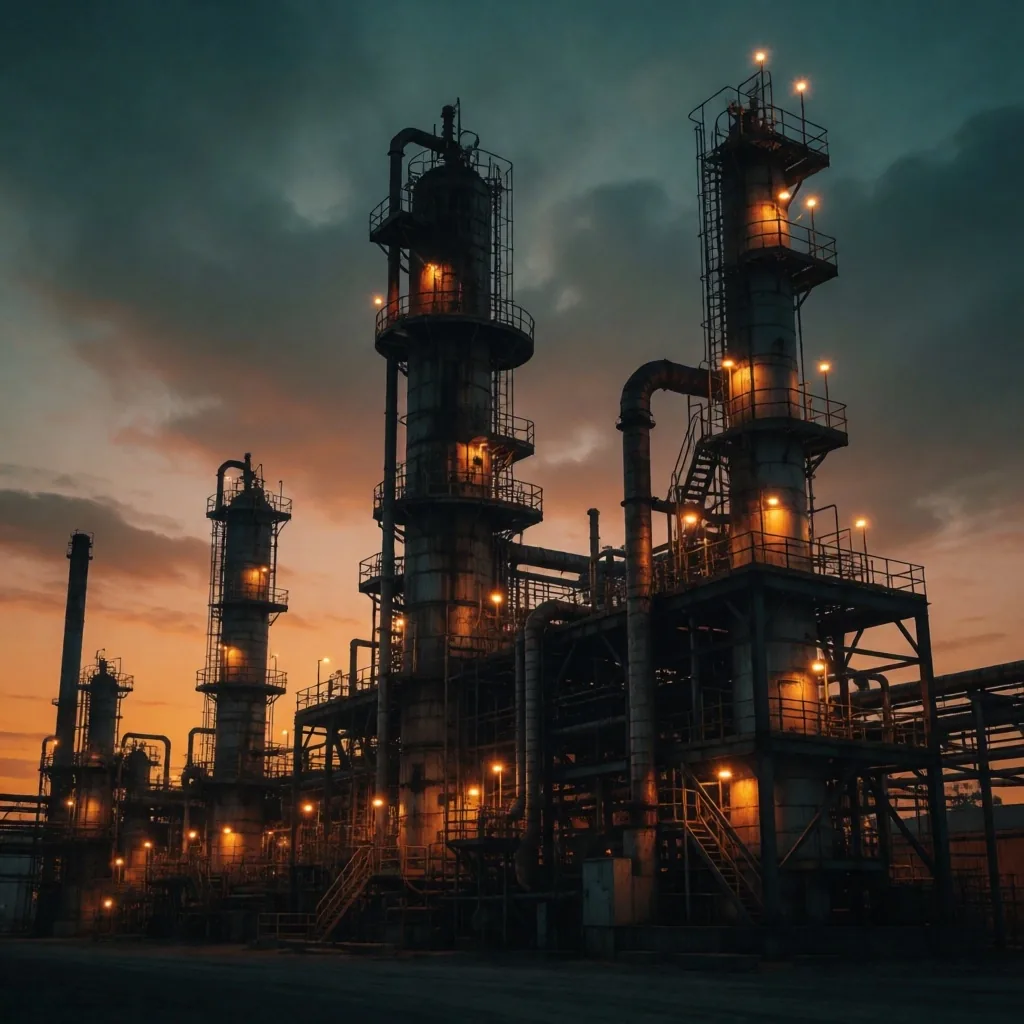 Refinería de petróleo al anochecer