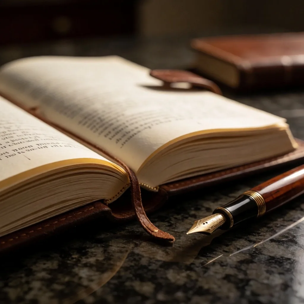 Libreta de cuero abierta sobre superficie oscura con pluma estilográfica