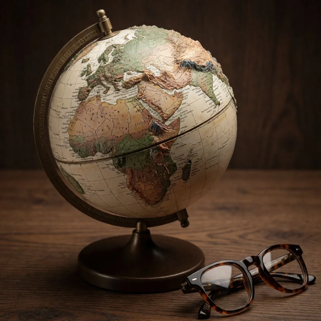 Mapa mundial antiguo con lupa de bronce sobre África