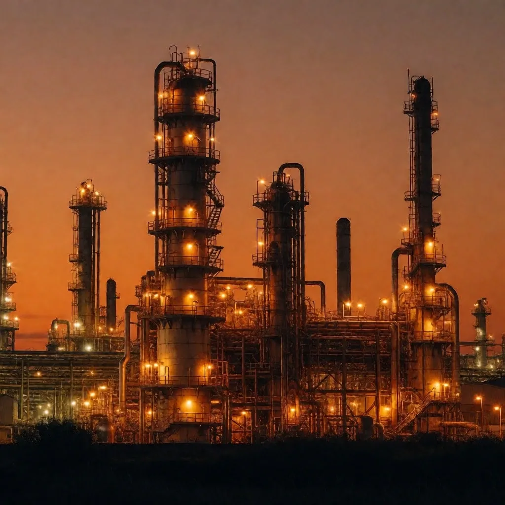 Refinería de petróleo al atardecer