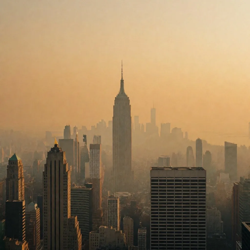 Horizonte urbano bajo una capa densa de calima y contaminación atmosférica