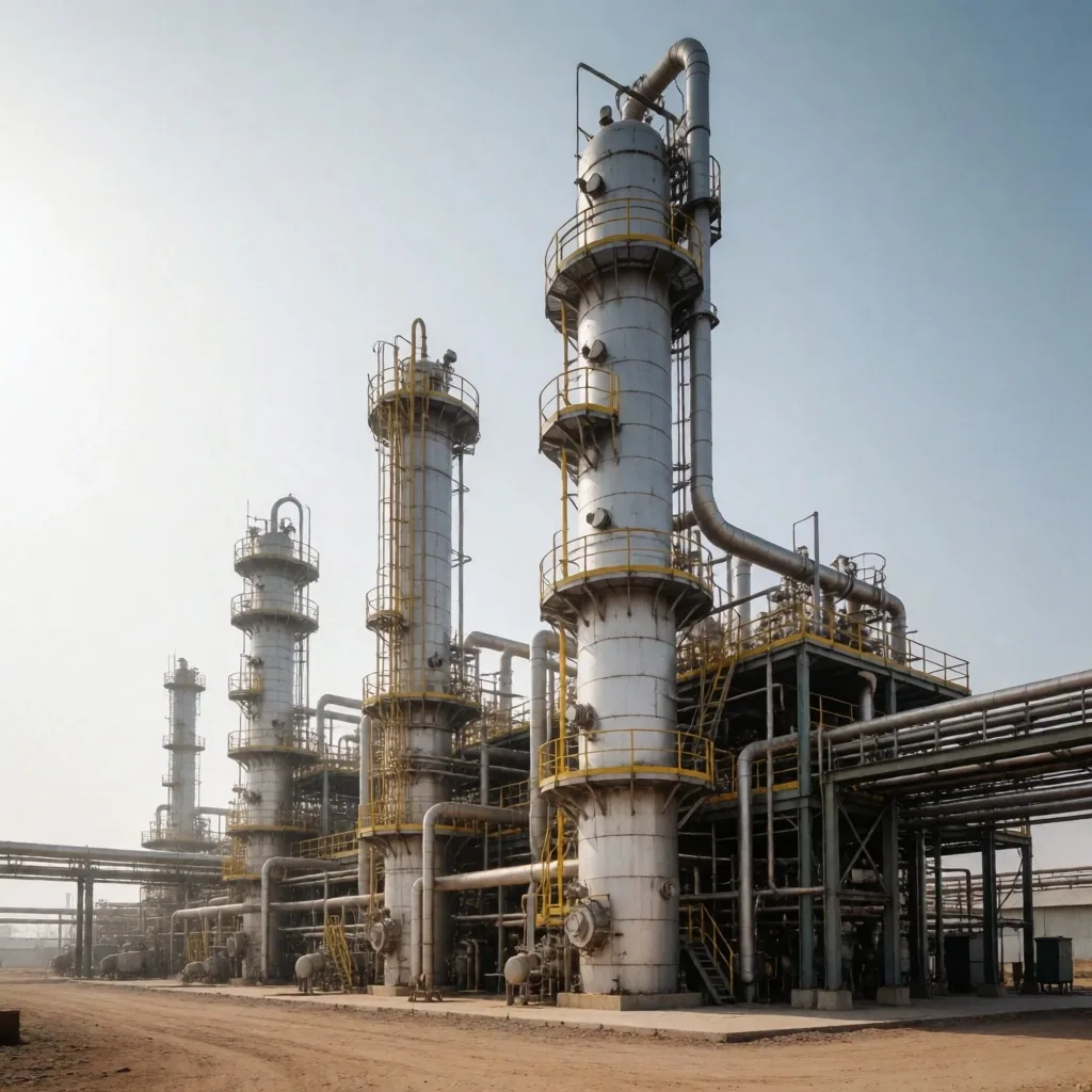 Instalación industrial de procesamiento químico con tanques de almacenamiento