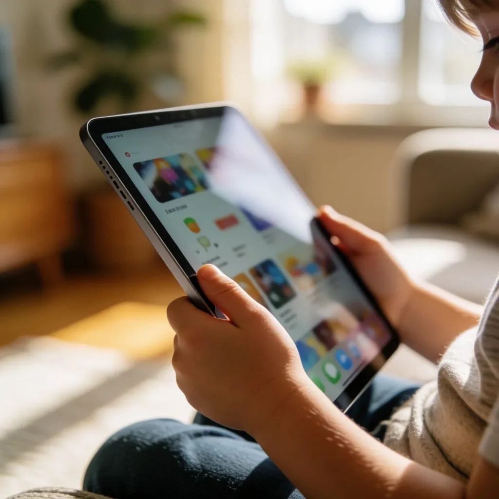 Manos infantiles sosteniendo una tablet con una aplicación educativa