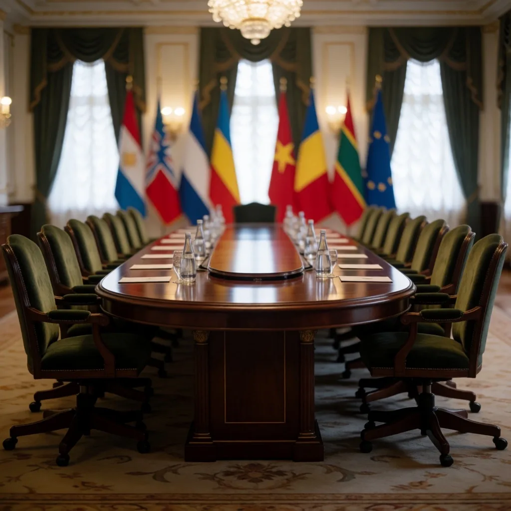 Sala de reunión diplomática con banderas internacionales