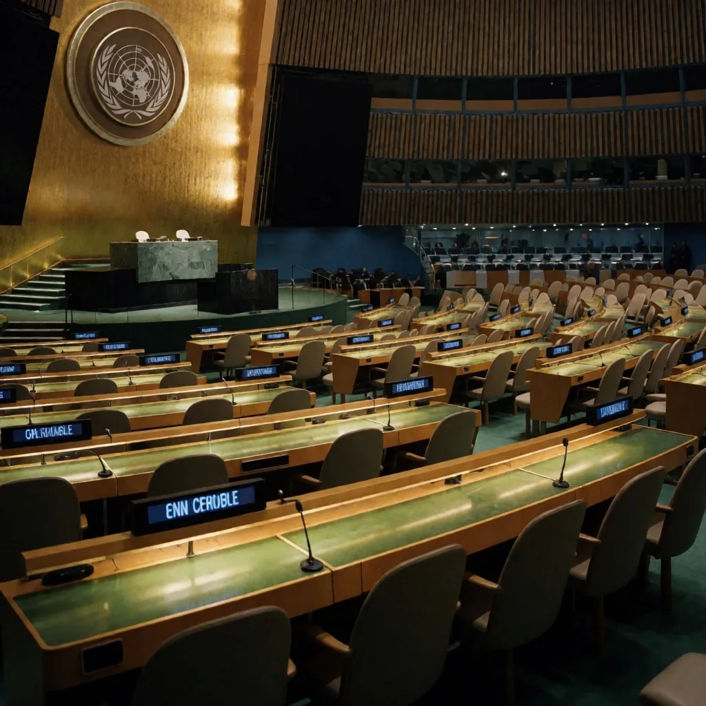 Salón de la Asamblea General de Naciones Unidas con asientos de delegados