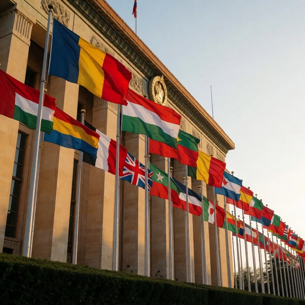 Banderas de distintas naciones en el exterior de un edificio internacional