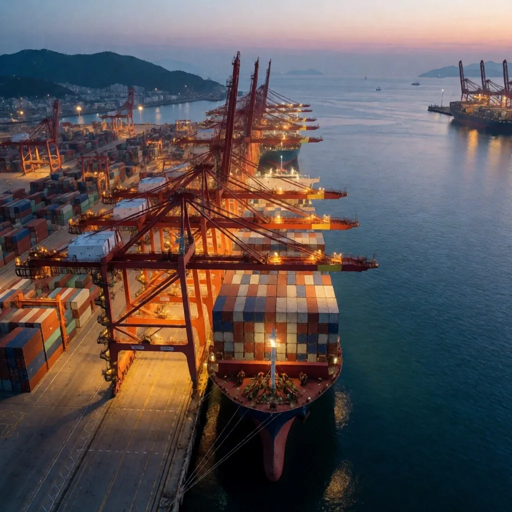 Puerto comercial de Corea del Sur al atardecer con contenedores y grúas